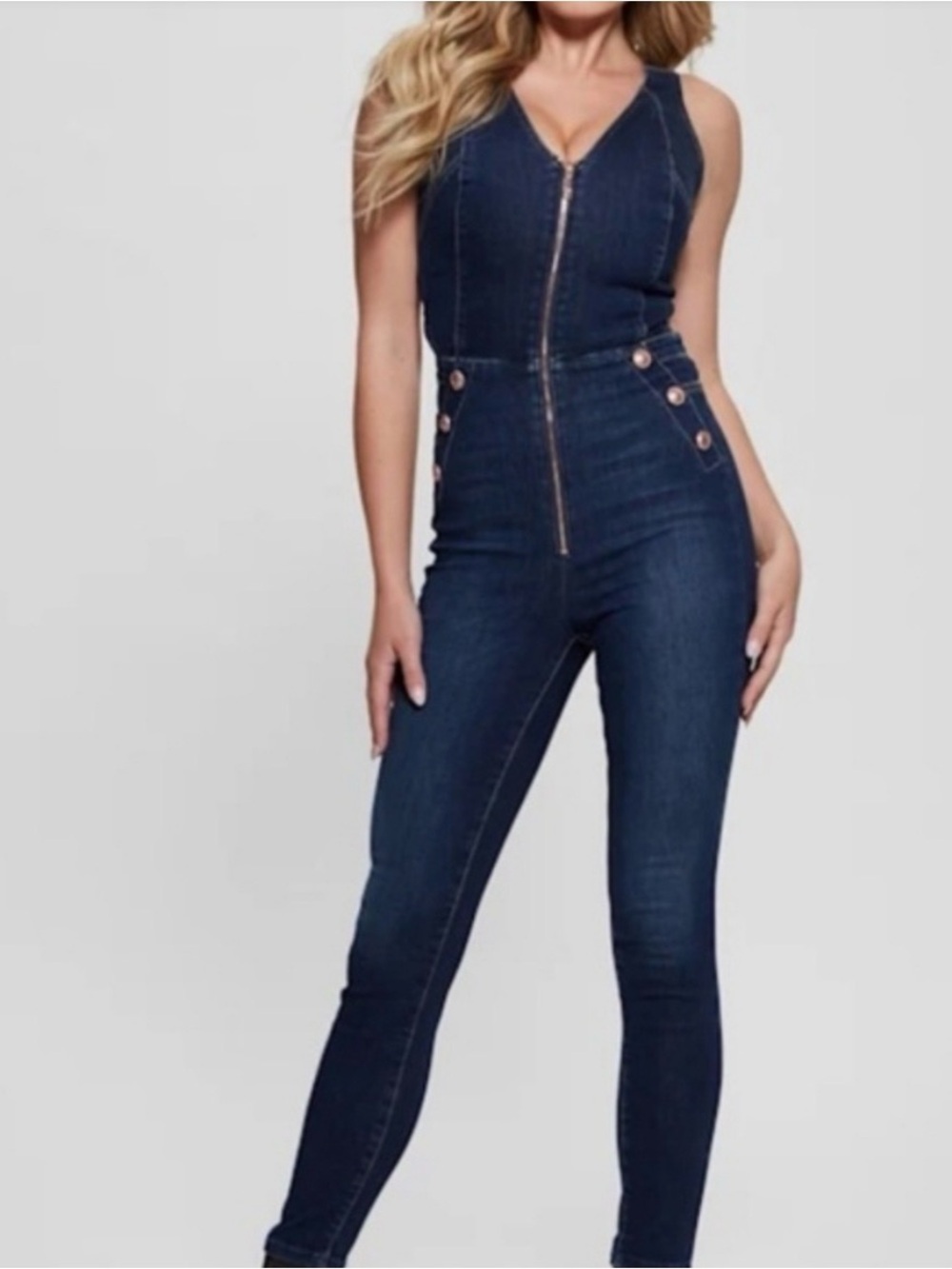 Guess Dark Blue Denim Jumpsuit with Label Detail